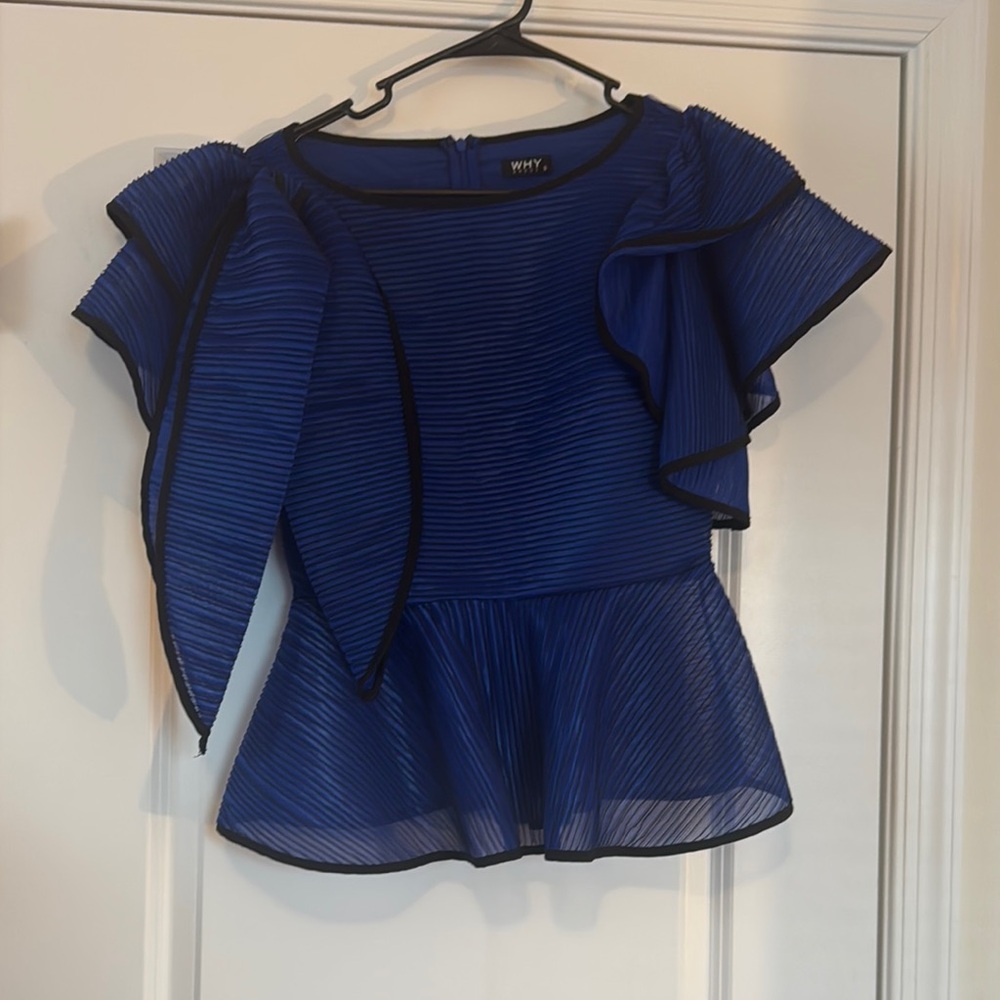 Blue and Black Flutter Sleeve Peplum Blouse